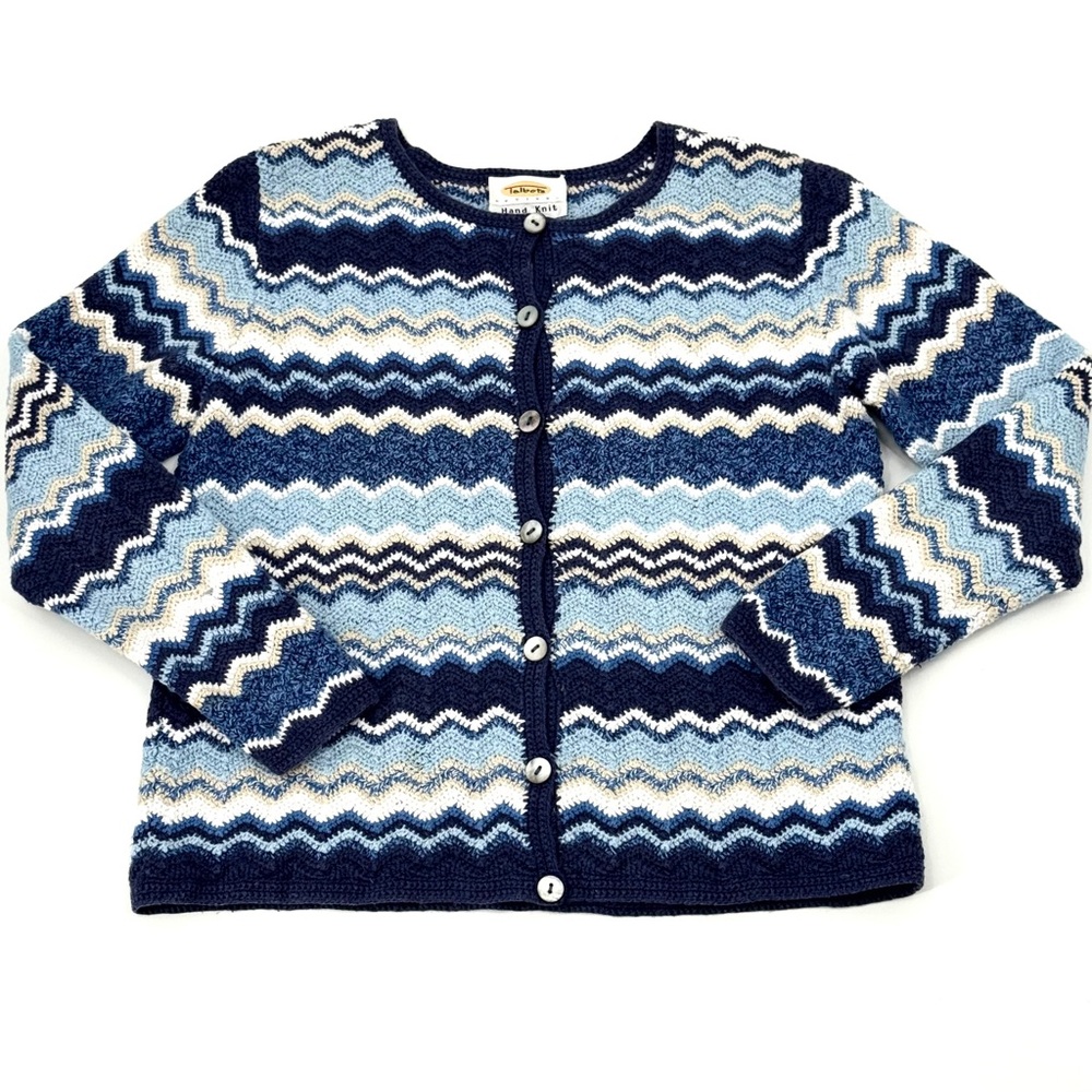 Talbots Linen/Cotton Hand-Knit Coastal Wave Stripe Button-up Cardigan